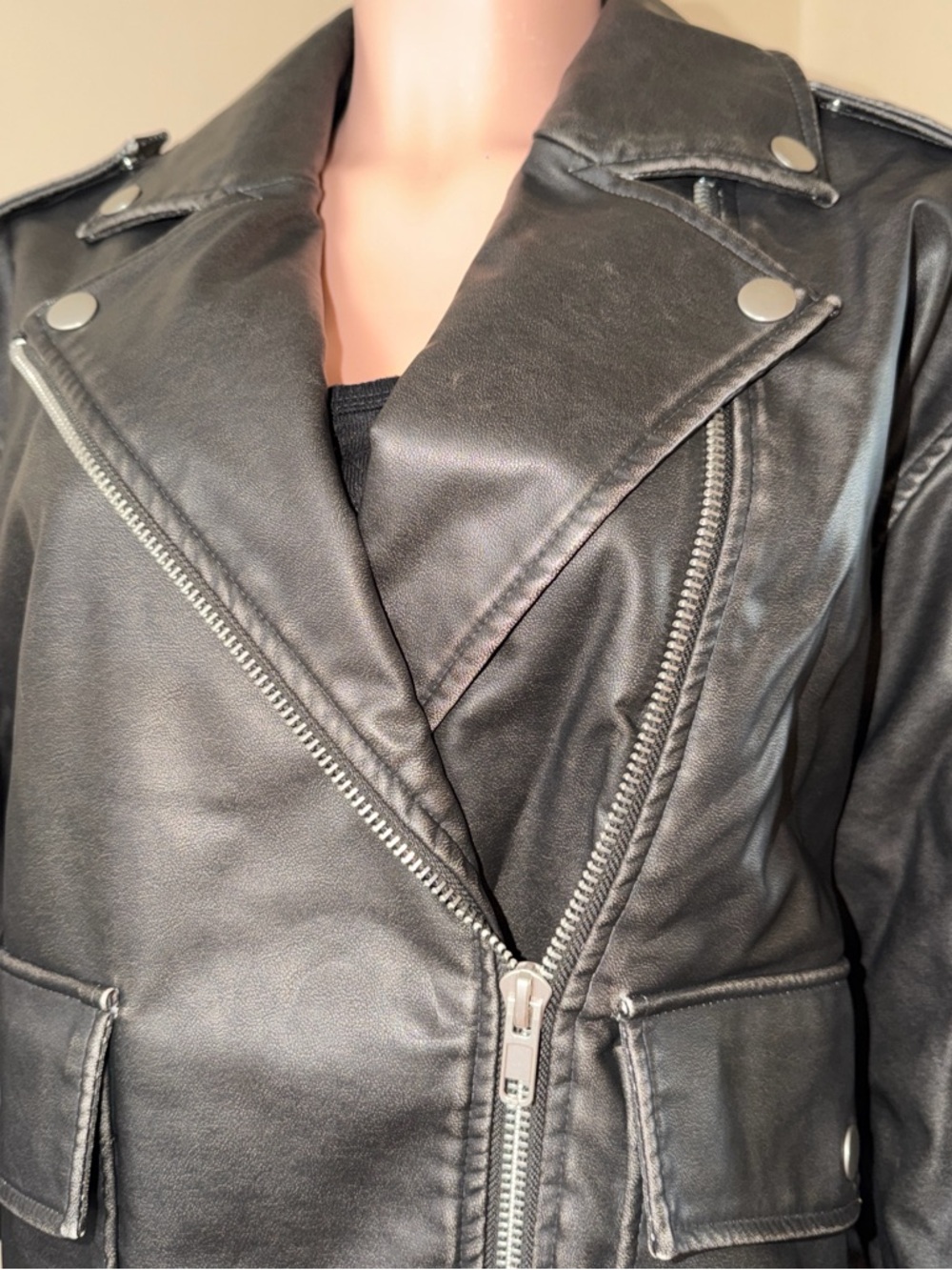 Black Faux Leather Moto Jacket with Silver Hardware